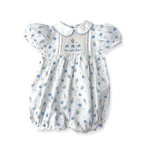 Jacadi Paris Smocked Baby Bubble Romper in White and Light Blue - Size 3m